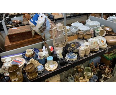 Shelf of collectables to include china, glassware, old paraffin lamp &amp; part Denby service