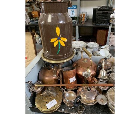 Large quantity of metalware to include copper kettle, copper/brass hunting horn, silver plated items etc