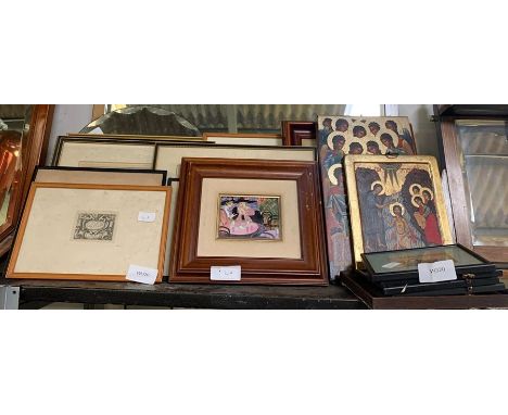 Part shelf of framed pictures including copies of Russian icons