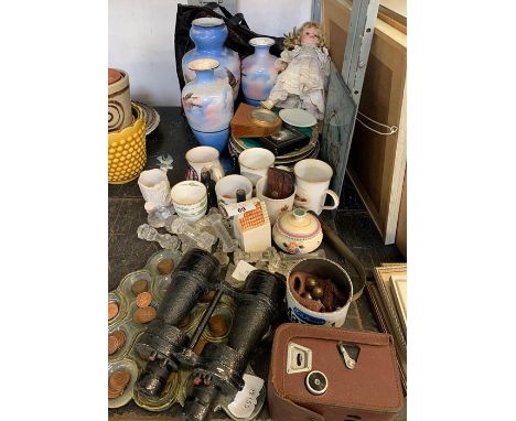 Small Poole Pottery jar &amp; cover together with vases, plates, pair of binoculars &amp; other items