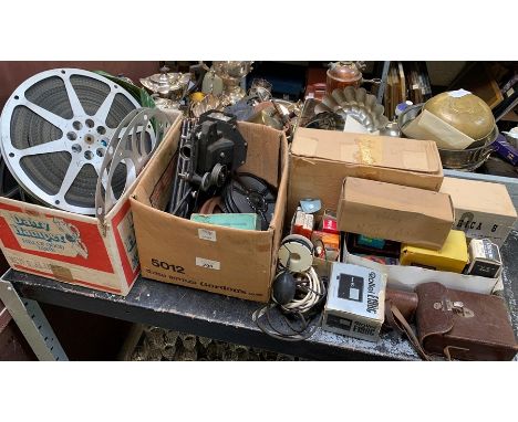 Half shelf of early collectable cine equipment to include 9.5mm projector with film, Yashica 8mm movie camera &amp; rare 35mm