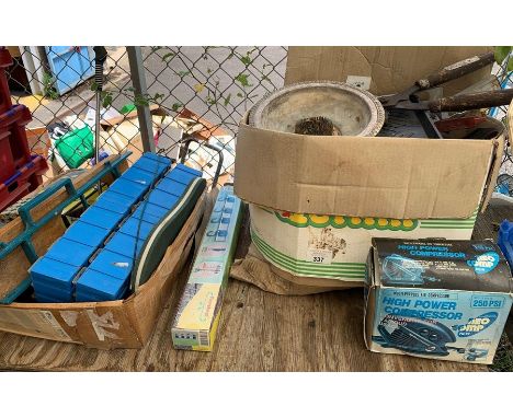 Shelf of garden tools, multi purpose air compressor &amp; some garage tools