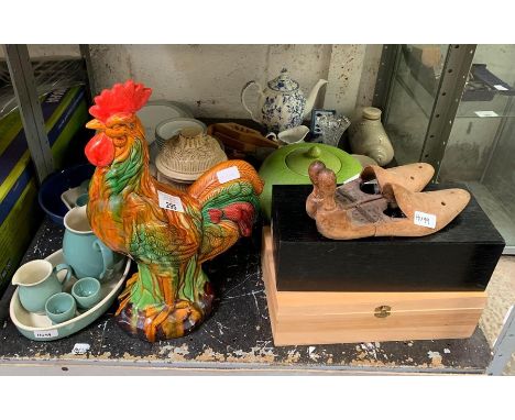 Shelf of items include mainly china, part of dinner service, blue &amp; white teapot, large china cockerel 