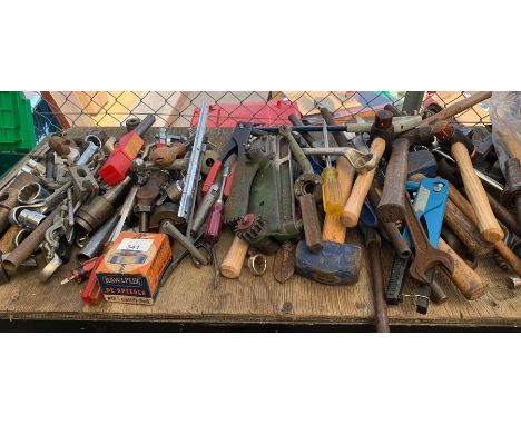 Shelf of assorted garage tools, hammers, spanners wrenches etc 