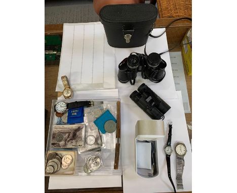 Shelf of collectables to include cameras, binoculars, watches &amp; commemorative coins 