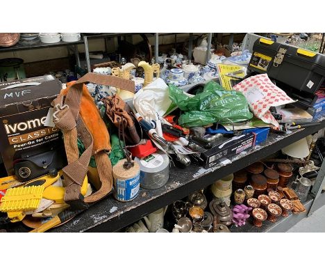 Shelf of various tools &amp; garden items to include toolboxes, hand drills, hammers &amp; various other items