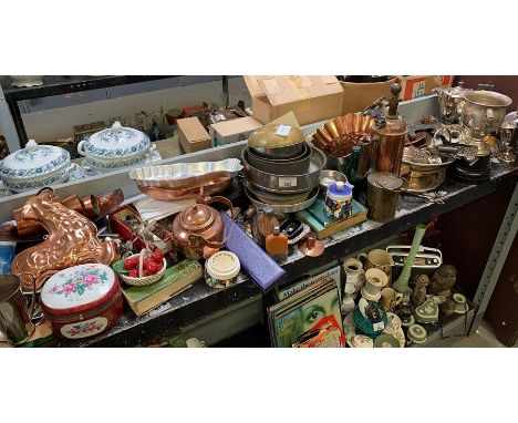 Shelf of collectables mainly brass ornaments, modern jelly moulds, World War shell &amp; brass spray pump &amp; collection of