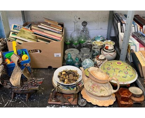 Shelf of collectables including assorted books, china, glassware, teapots, play bricks, wooden galleon &amp; plate of mixed m