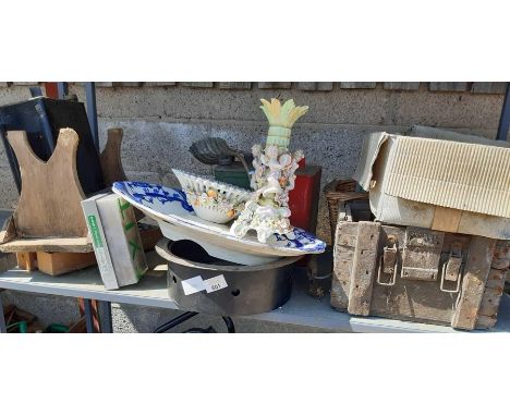 Shelf of garage items to include 3 petrol cans, pressure gauge, wicker basket stool etc