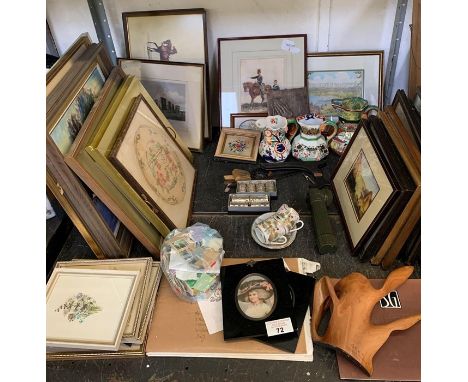 Quantity of assorted pictures &amp; prints, to include Stonehenge &amp; others together with stamps, 2 portrait miniatures, c