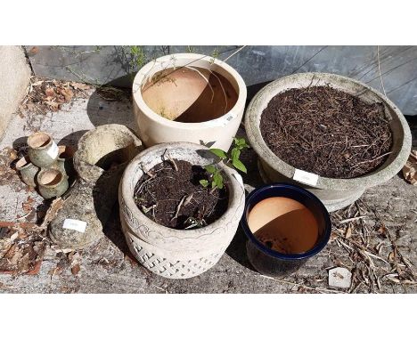 Collection of concrete planters &amp; blue enamel planter