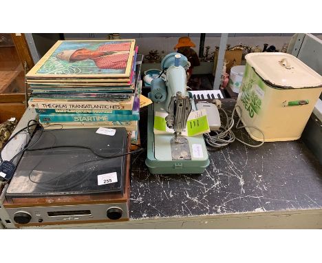 Small music centre with record items, stereo amp/turntable ##pat tested## Jones sewing machine &amp; enamel bread bin