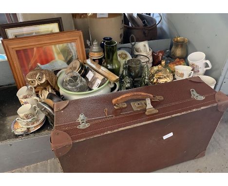 Leather suitcase, spode model of an owl, various ceramics and glass