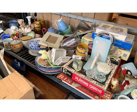 Shelf of general china, glassware, boxed games &amp; other ornaments