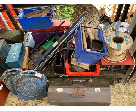 Shelf of mainly heavy duty tools, wire brushes, electrical wiring &amp; BOC welder