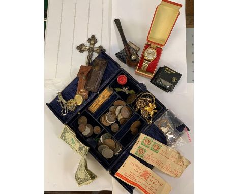 Shelf of collectables including a boxed gents wristwatch, a pipe, crucifix, commemorative coins &amp; old foreign banknotes