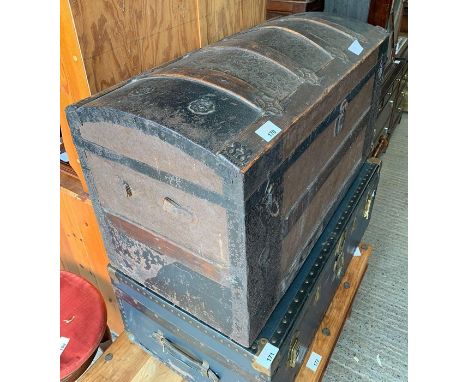 Late 19th/early 20th century wood bound trunk with cast metal decoration &amp; embossed panels, together with a leatherette t