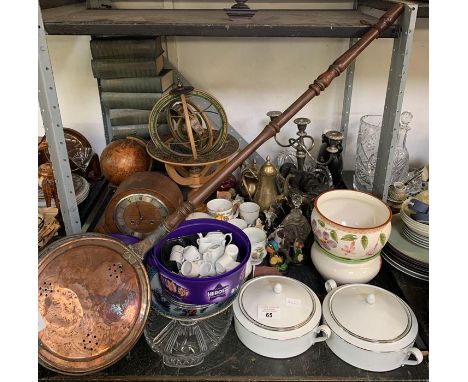 Shelf of collectables, books, china globes, clock etc