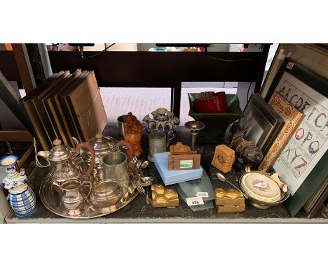 Shelf of general collectables including pictures, plateware &amp; ornaments