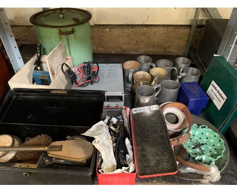 Quantity of pewter tankards and enamel bread crock, together with various other collectables &amp; ceramics