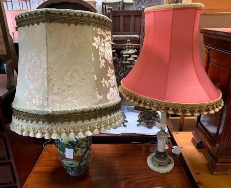 Cloisonne enamel table lamp, together with a green onyx table lamp