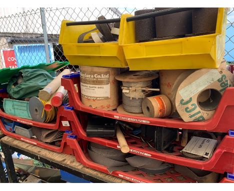Large shelf of abrasive cleaning items, electrical fittings, gas torch, wire brushes etc