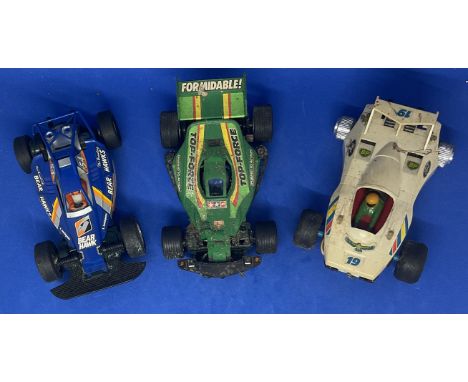 3 x Off Road Single Seater Racers 1:32 Scalextric type slot racing cars unboxed with some ageing fair, good condition. We com