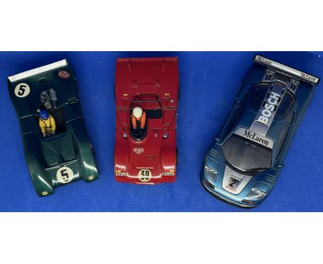 3 x Various Cars in Racing Livery 1:32 Scalextric type slot racing cars unboxed with some ageing fair, good condition. We com