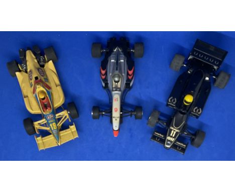 3 x Single Seater F1 1:32 Scalextric type slot racing cars unboxed with some ageing fair, good condition. We combine postage 