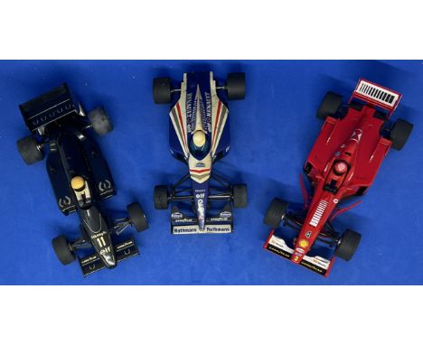 3 x Single Seater F1 1:32 Scalextric type slot racing cars unboxed with some ageing fair, good condition. We combine postage 