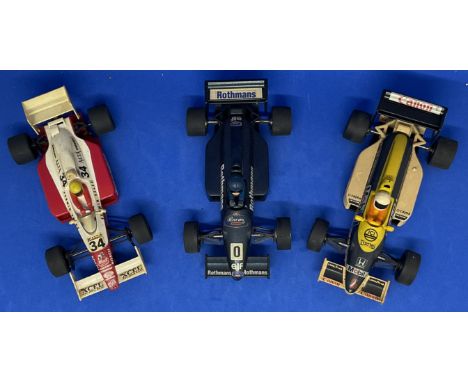 3 x Single Seater F1 1:32 Scalextric type slot racing cars unboxed with some ageing fair, good condition. We combine postage 