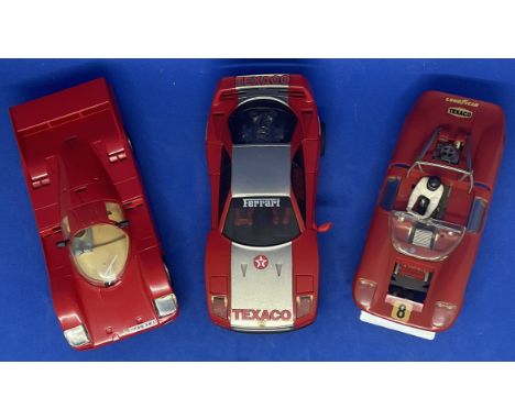 3 x Ferrari 1:32 Scalextric type slot racing cars unboxed with some ageing fair, good condition. We combine postage on multip