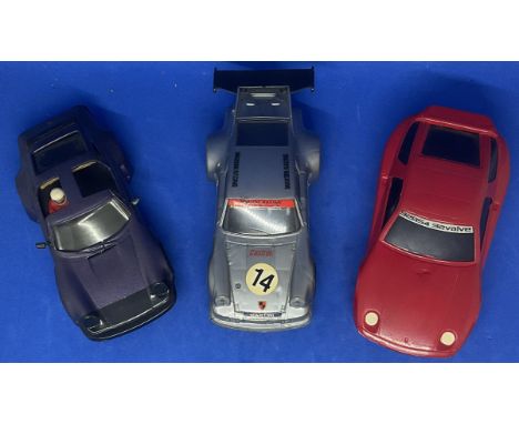 3 x Porsche 1:32 Scalextric type slot racing cars unboxed with some ageing fair, good condition. We combine postage on multip