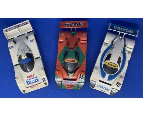 3 x Single Seater Le Mans Racers 1:32 Scalextric type slot racing cars unboxed with some ageing fair, good condition. We comb