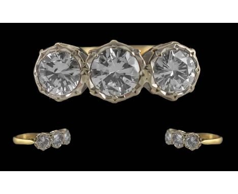 Ladies Pleasing Pave Set 18ct Gold 3 Stone Diamond Set Ring, Marked 18ct to Interior of Shank. The 3 Round Faceted Diamonds o