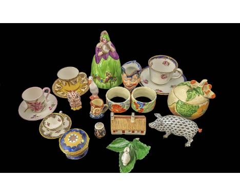 Box of  Collectables, Clarice Cliff, Royal Worcester Etc. Clarice Cliff Lidded Jar, Royal Worcester Cup and Saucer, Herend Ow