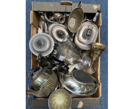 Box of Silver Plated Ware, comprising tea pots, coffee pots, sugar bowls, flatware, goblets, sauce boat, etc.