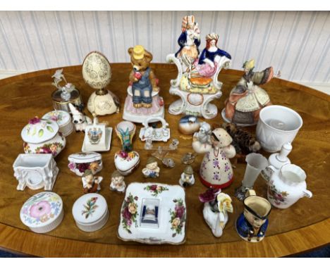 Box of Collectibles, including four musical figures, in the form of a gilt egg, a geisha girl, a teddy bear and a crystal bir