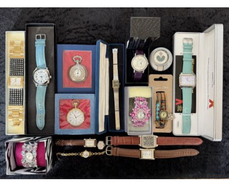 Box of Fashion Wristwatches, some boxed, including Butler &amp; Wilson crystal set wristwatch, Marcel Drucker boxed watch, Jo