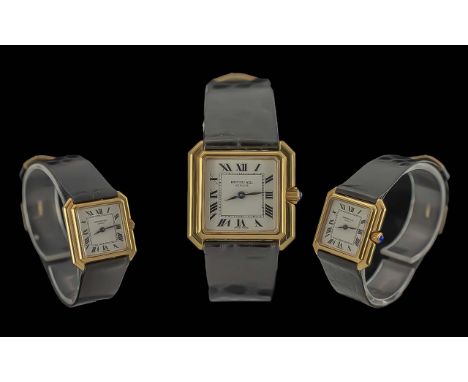 Raymond Weil Geneve Stylish Gold on Steel Cased Quartz Wrist Watch with black calf leather watch strap, blue sapphire set win