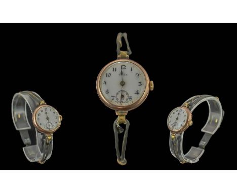 Rolex Ladies 1920's 9ct Gold Mechanical Wrist Watch with Black Leather Shoestring Bracelet, Rolex Signed to Dial and Movement