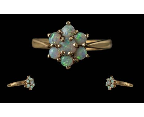 Ladies 9ct Gold Pleasing Opal Set Cluster Ring, Full Hallmark to Interior of Shank. Well Matched Opals of Good Colour. Ring S