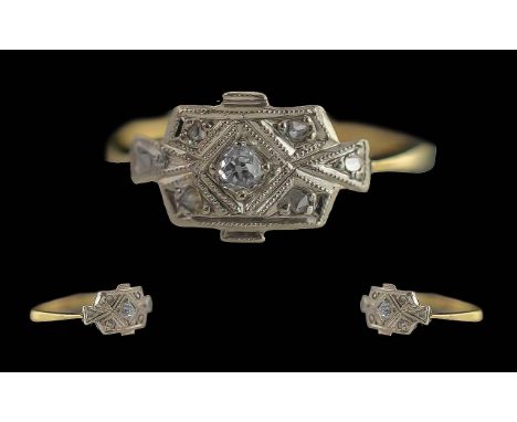 Edwardian Period 1901-1910 Ladies 18ct Gold &amp; Platinum Diamond Set Ring, the central small diamond of good colour and cla