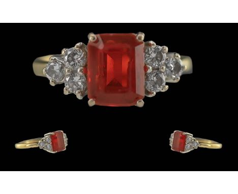 Ladies 18ct Gold Fire Opal and Diamond Set Ring - Full Hallmark To Interior Of Shank. The Central Fire Opal Of Good Colour Fl