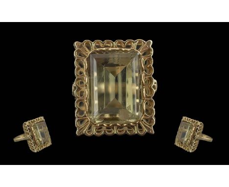 Ladies Pleasing 9ct Gold Single Stone Citrine Set Ring of Rectangular Form, Excellent Open worked Ornate Setting, The Large S