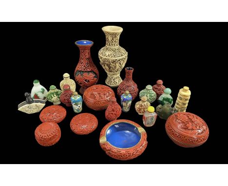 Collection of ( 3 ) Cinnabar Items, Includes An Ashtray + 2 Circular Lidded Boxes, All Decorated Throughout. Please See Photo