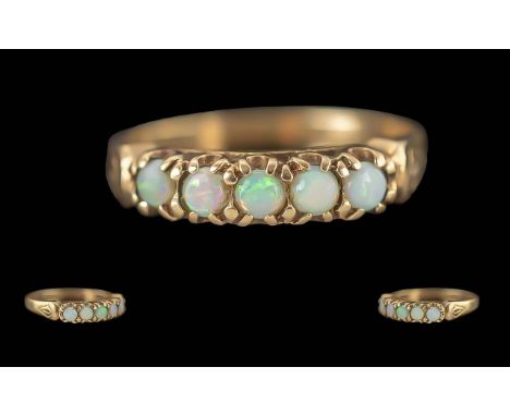 Ladies Attractive 9ct Gold 5 Stone Opal Set Ring, Raised Open Setting, Full Hallmark to Interior of Shank. Well Matched Opals