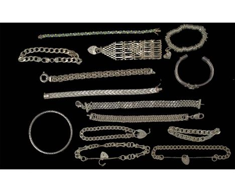 A Fine Collection of Vintage Sterling Silver Bracelets, All Marked for Silver, Various Designs ( 14 ) In Total. Silver Weight