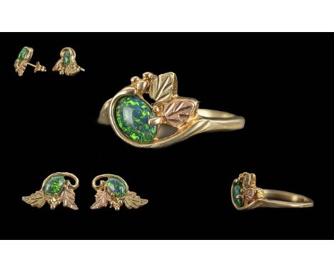 Ladies 10ct Gold &amp; Opal Set Leaf Design Dress Ring and Matching Stud Earrings, Stamped for 10ct, Ring Size M - N, Approx 