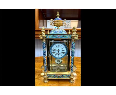 Vintage Chinese Cloisonne &amp; Brass Mantle Clock, working order at time of cataloguing, decorative column supports, urn fin